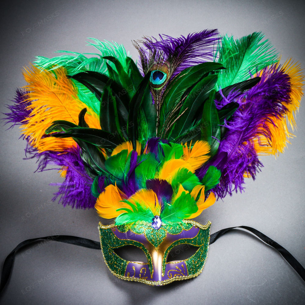 Venetian Glitter Crystal Mardi Gras Mask with Peacock Large Feather Green Yellow